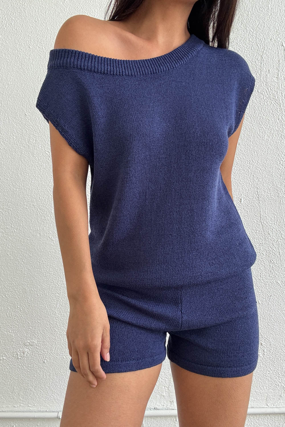 One Shoulder Knit Top and Shorts Set