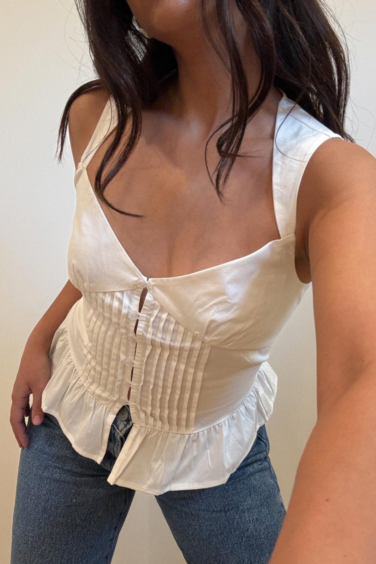 White Sweetheart Neck Peplum Button Front Top