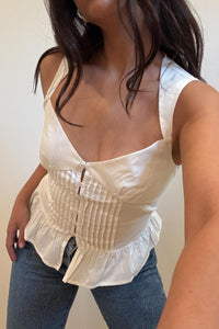 White Sweetheart Neck Peplum Button Front Top