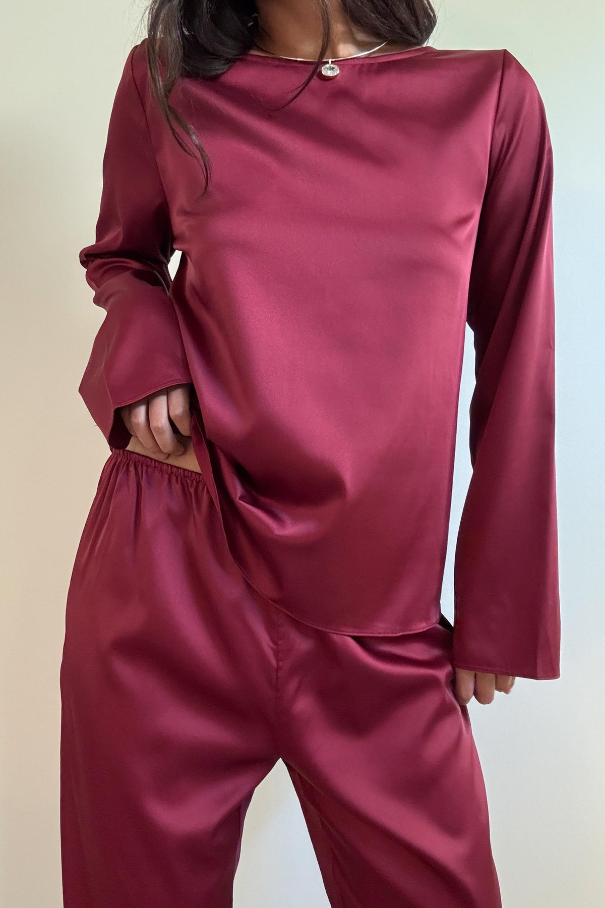 Satin Long Sleeve Top And Pants Set