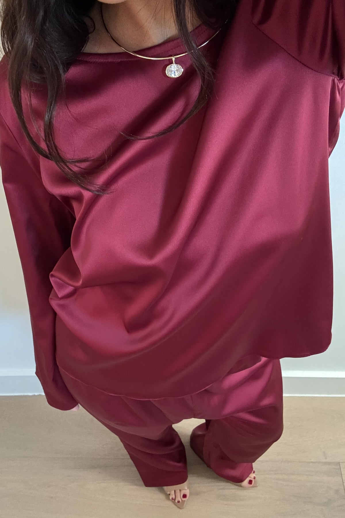 Satin Long Sleeve Top And Pants Set