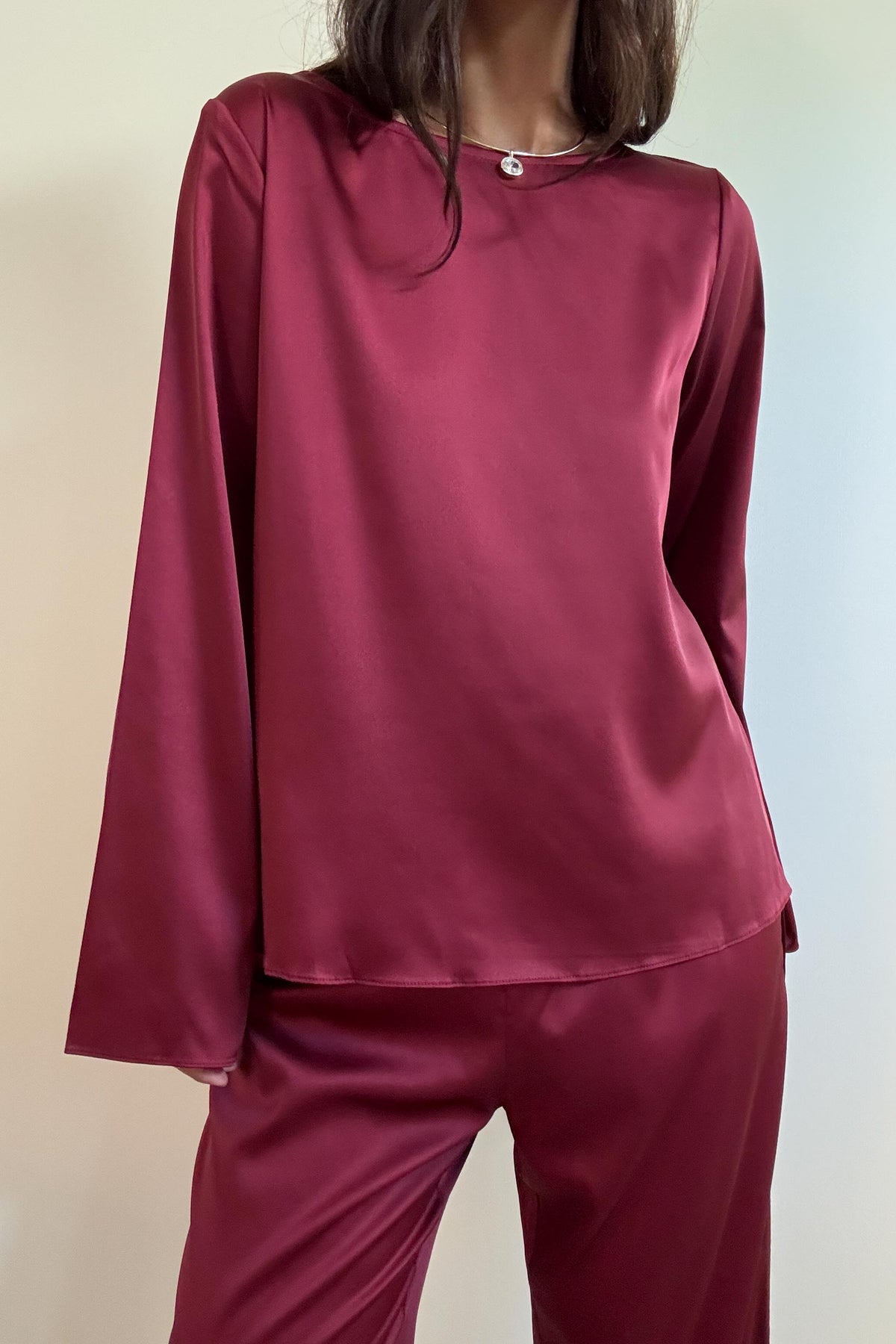 Satin Long Sleeve Top And Pants Set