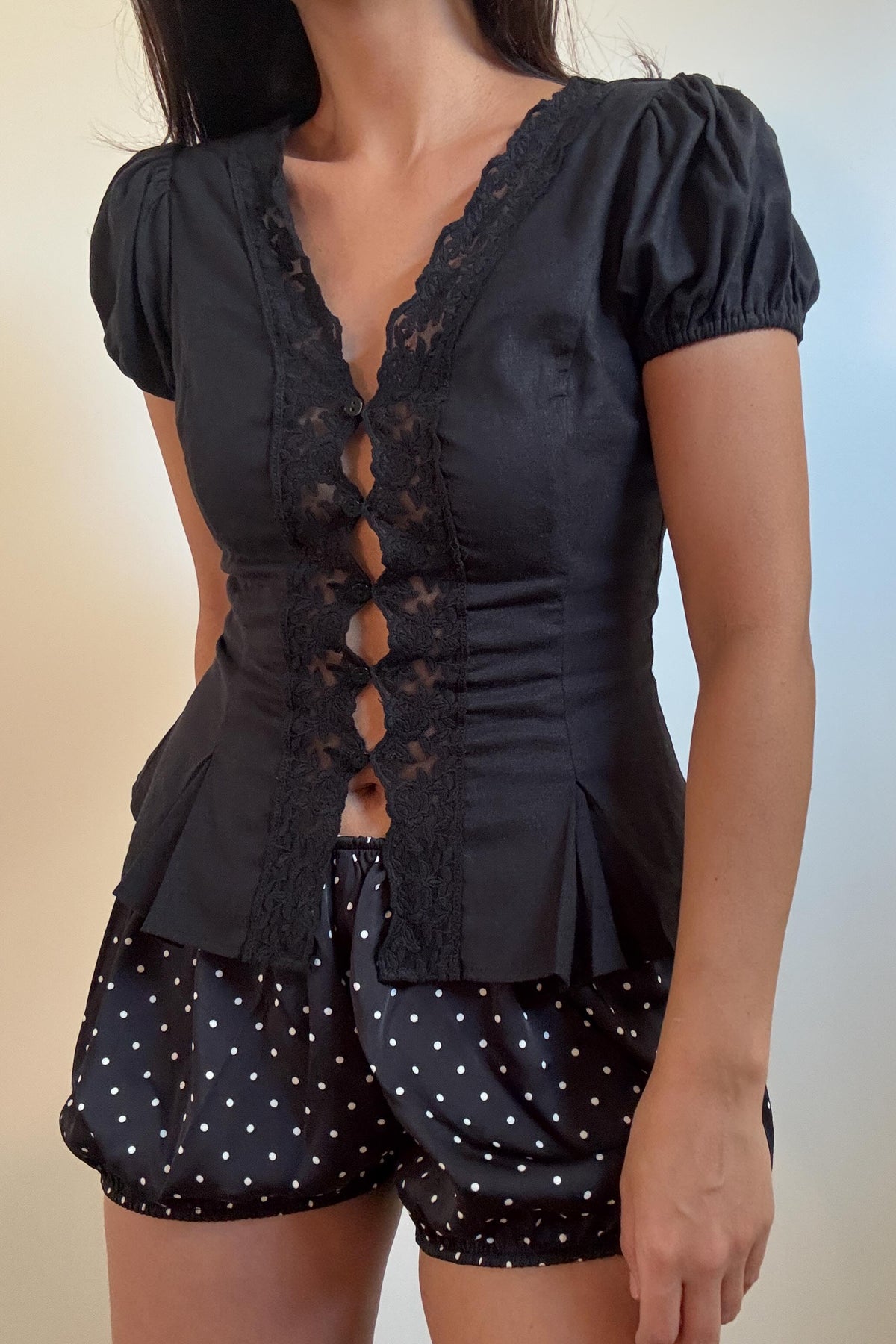 Lace Trim Puff Sleeve Blouse