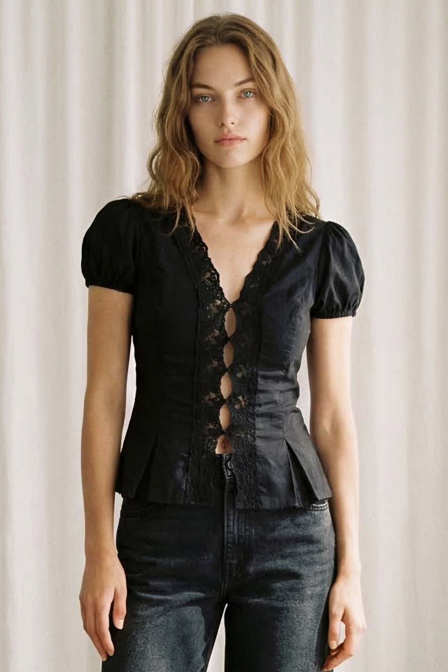 Lace Trim Puff Sleeve Blouse
