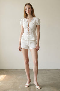 Lace Trim Puff Sleeve Blouse