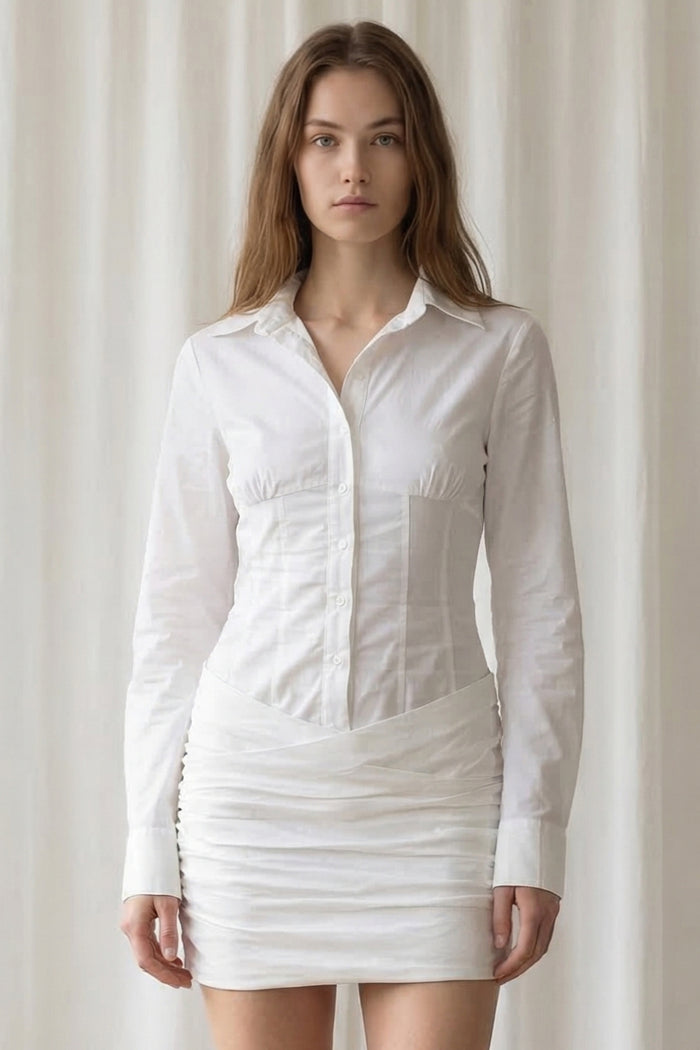 Cotton Cinched Waist Mini Shirt Dress