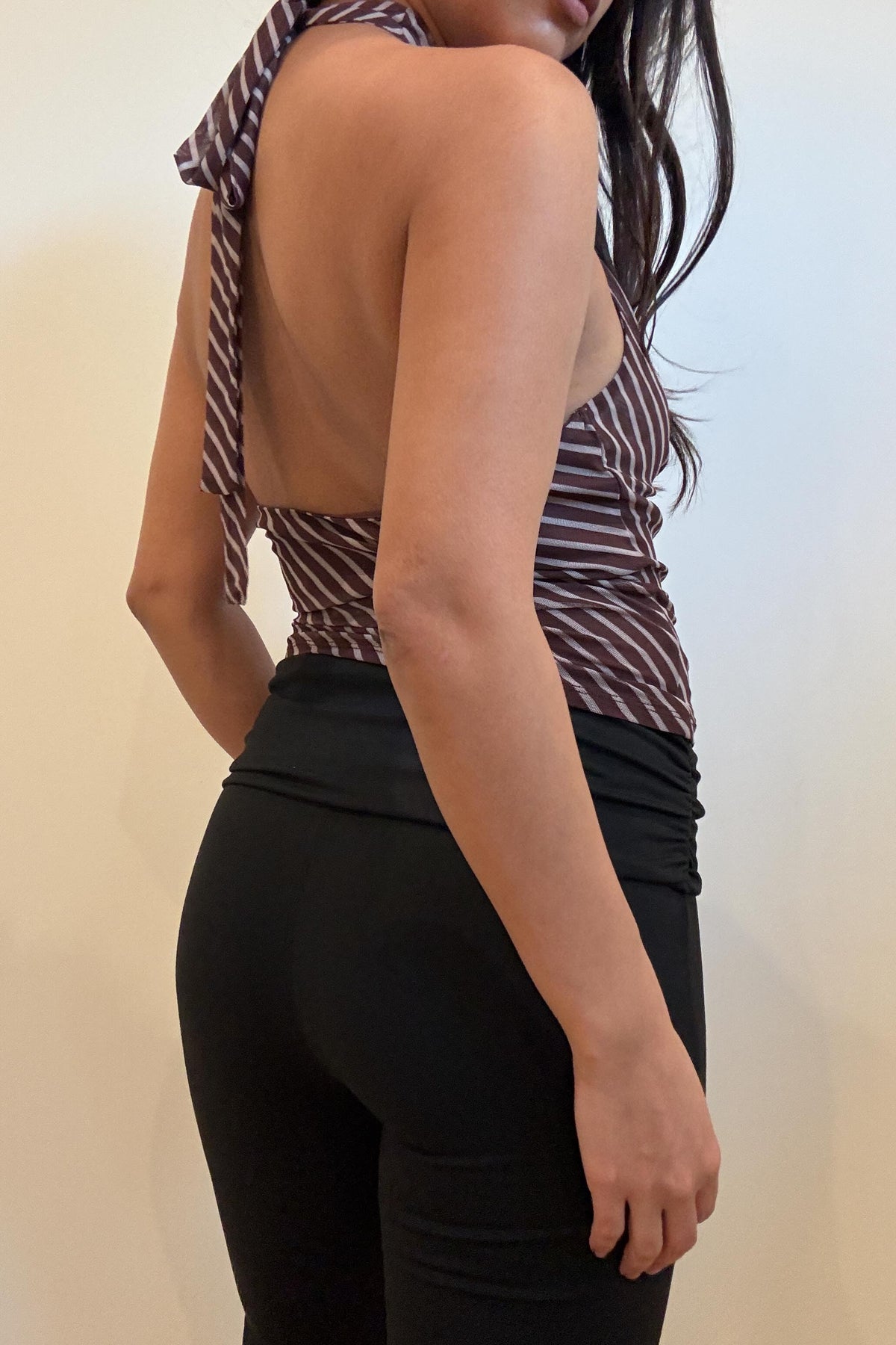Diagonal Striped Mesh Cowl Top