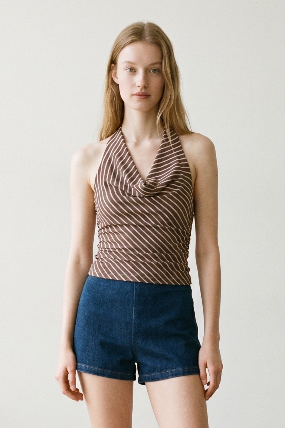 Diagonal Striped Mesh Cowl Top