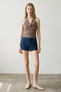 Diagonal Striped Mesh Cowl Top