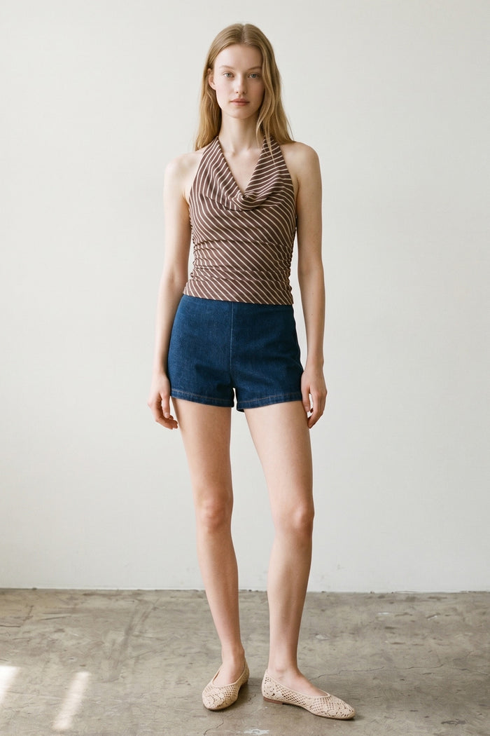 Diagonal Striped Mesh Cowl Top