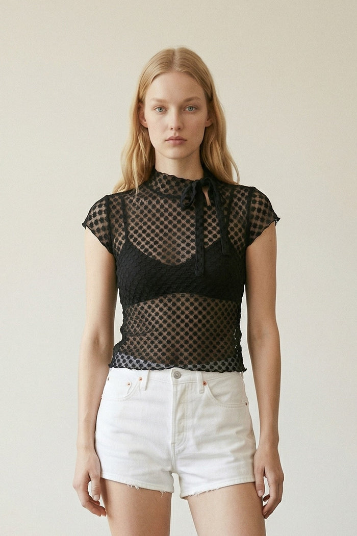 Polka Mesh Keyhole Cap Sleeve Top