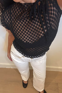 Polka Mesh Keyhole Cap Sleeve Top