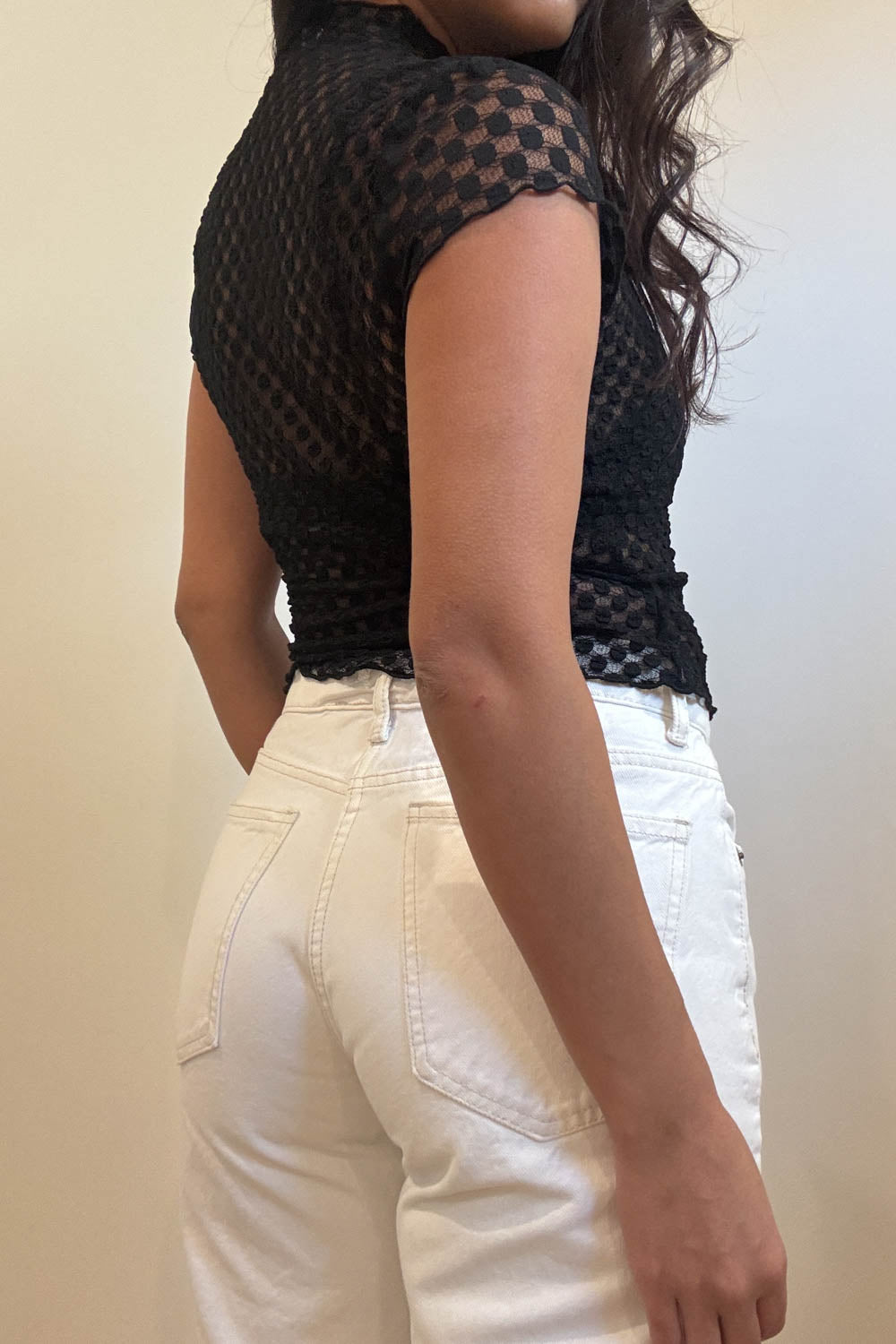 Polka Mesh Keyhole Cap Sleeve Top