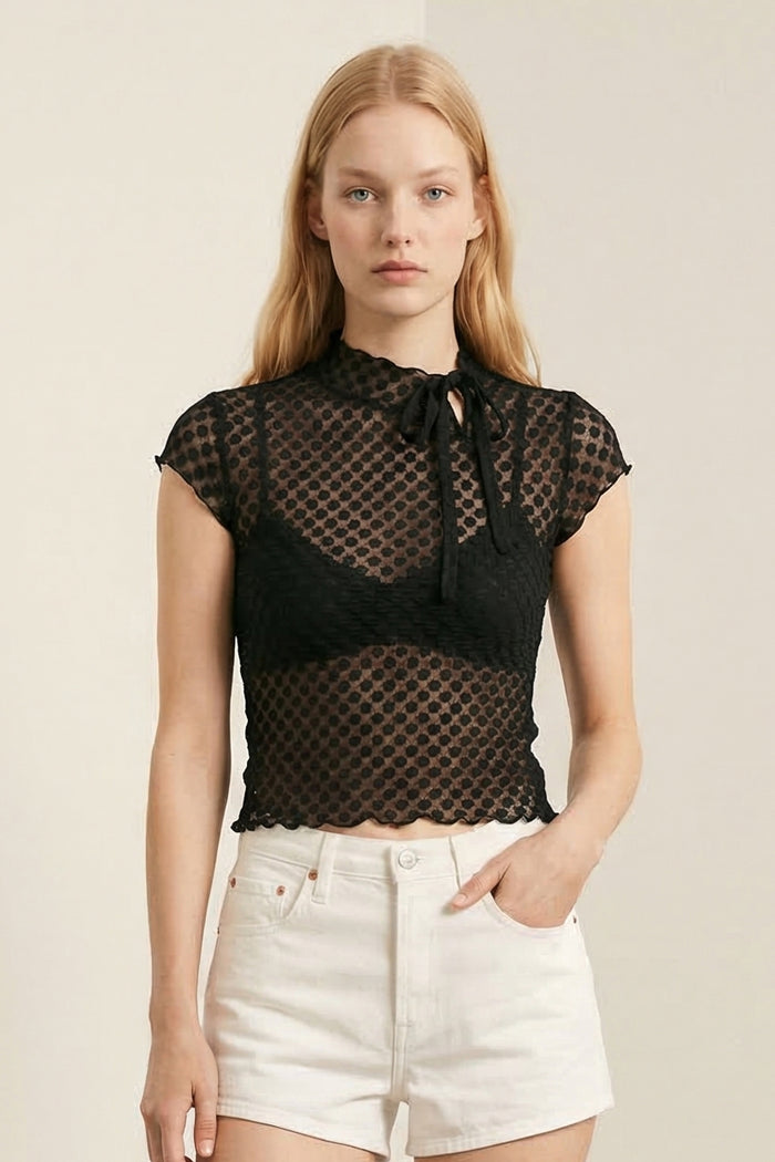Polka Mesh Keyhole Cap Sleeve Top