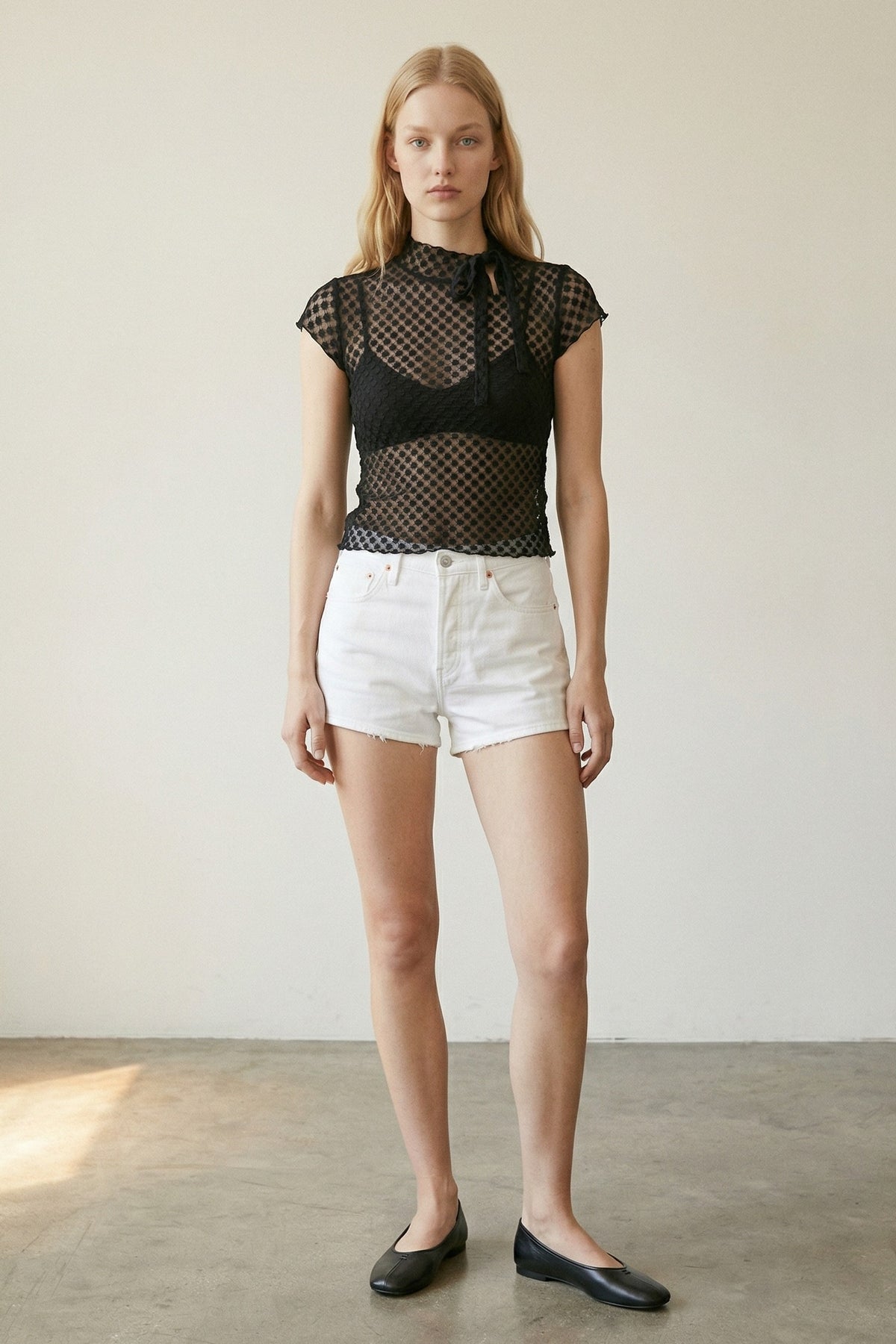 Polka Mesh Keyhole Cap Sleeve Top
