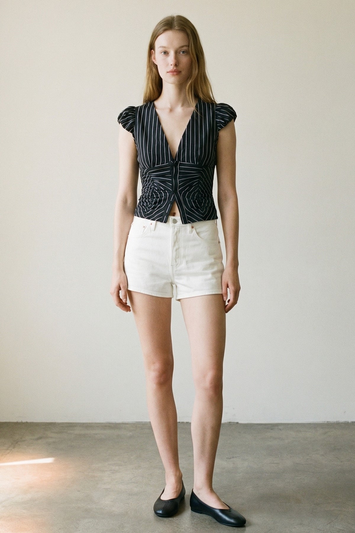 Striped Bubble Cap Sleeve Button-Up Shirt