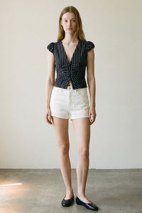 Striped Bubble Cap Sleeve Button-Up Shirt