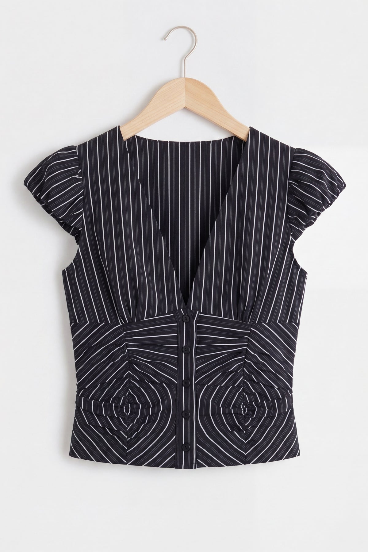 Striped Bubble Cap Sleeve Button-Up Shirt