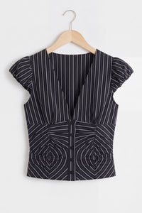 Striped Bubble Cap Sleeve Button-Up Shirt