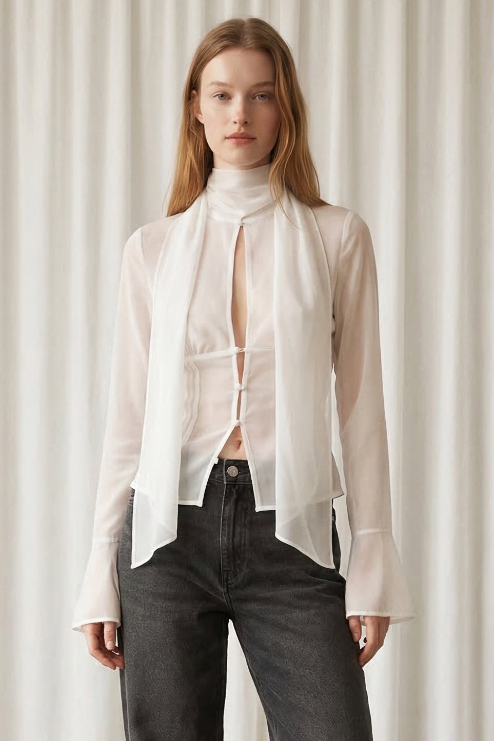 Chiffon Keyhole Detail Long Sleeve Top