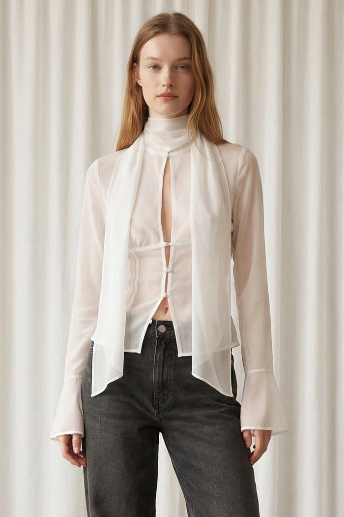 Chiffon Keyhole Detail Long Sleeve Top