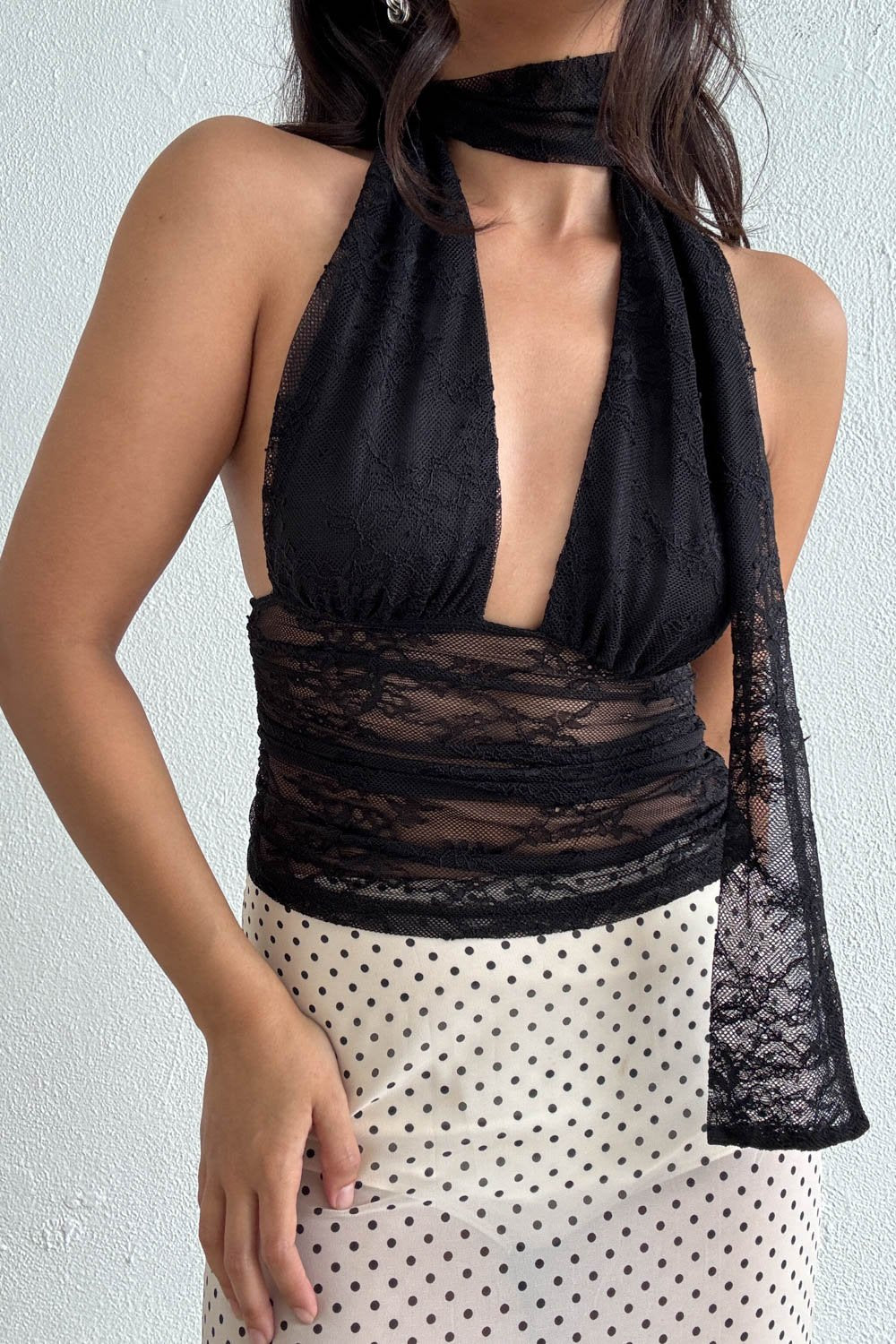 Lace Halter Neck Top W/ Scarf Detail