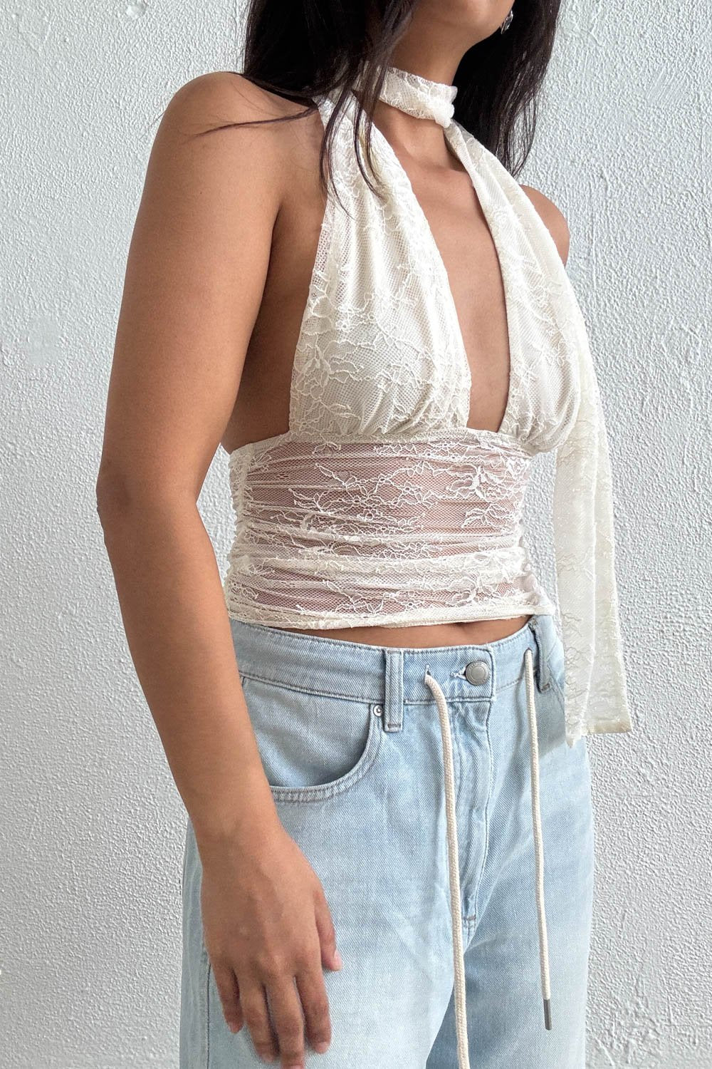 Lace Halter Neck Top W/ Scarf Detail