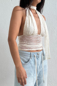 Lace Halter Neck Top W/ Scarf Detail