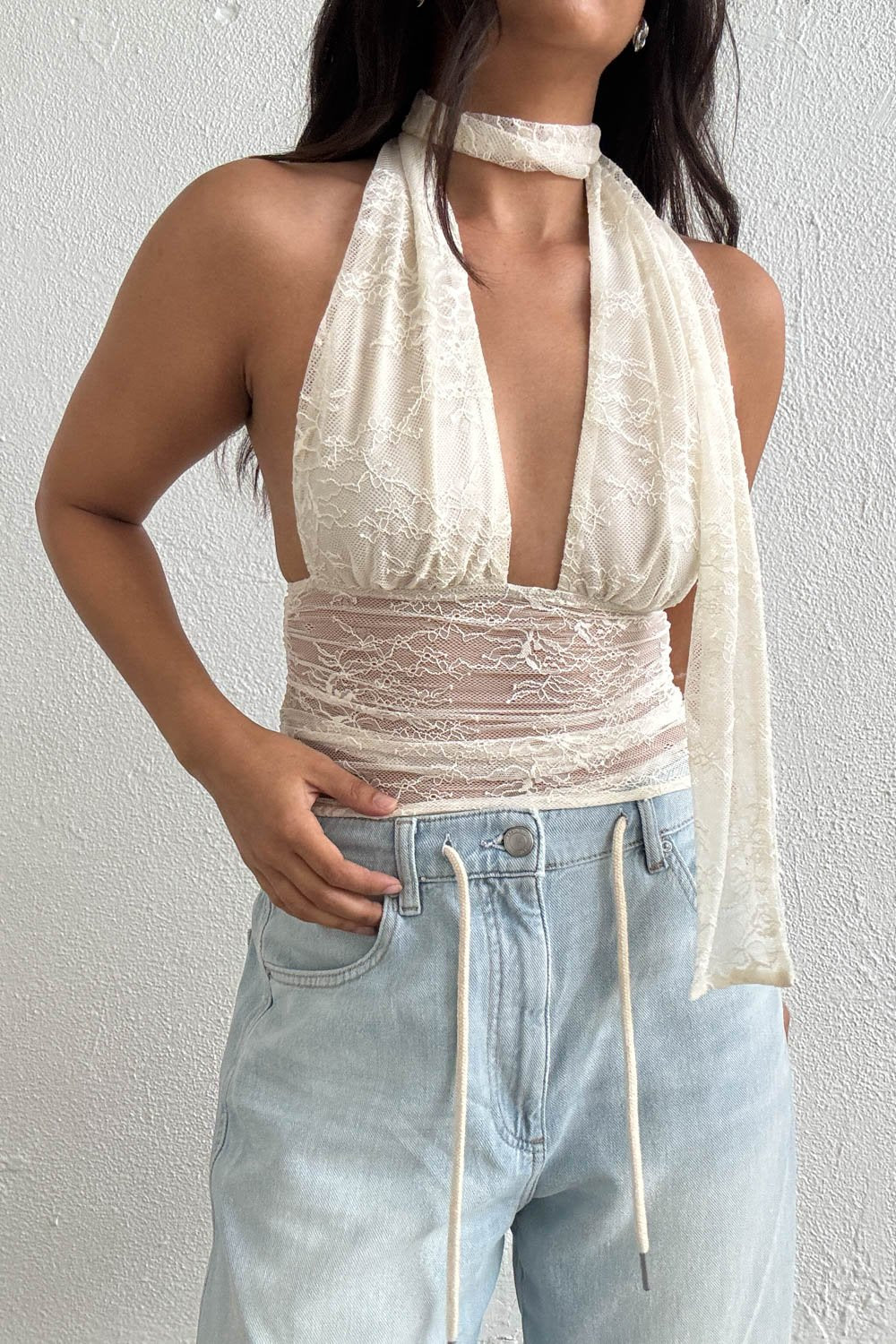 Lace Halter Neck Top W/ Scarf Detail