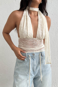 Lace Halter Neck Top W/ Scarf Detail