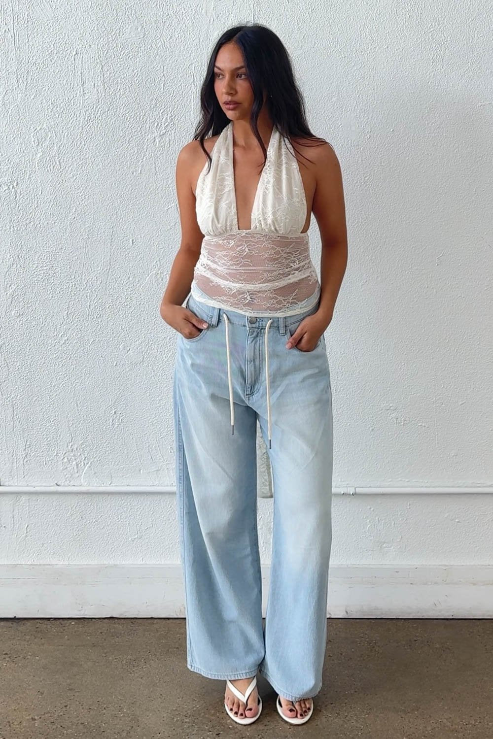 Lace Halter Neck Top W/ Scarf Detail