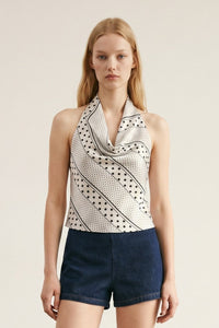 Polka Dot Halter Top with Deep Cowl Neck & Open Back