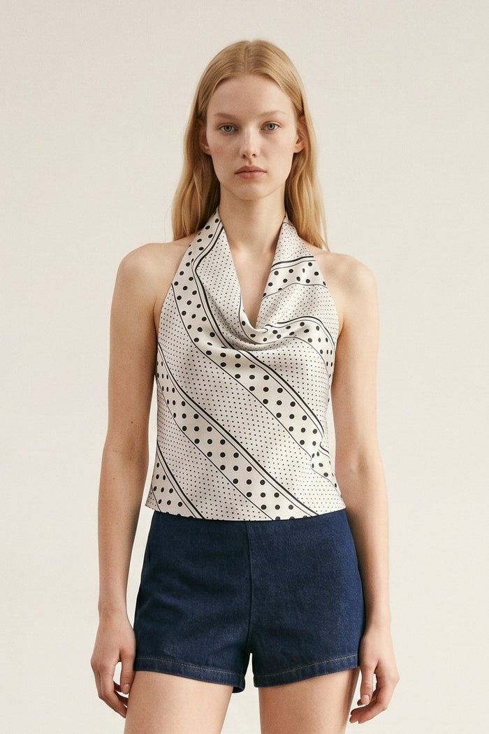 Polka Dot Halter Top with Deep Cowl Neck & Open Back