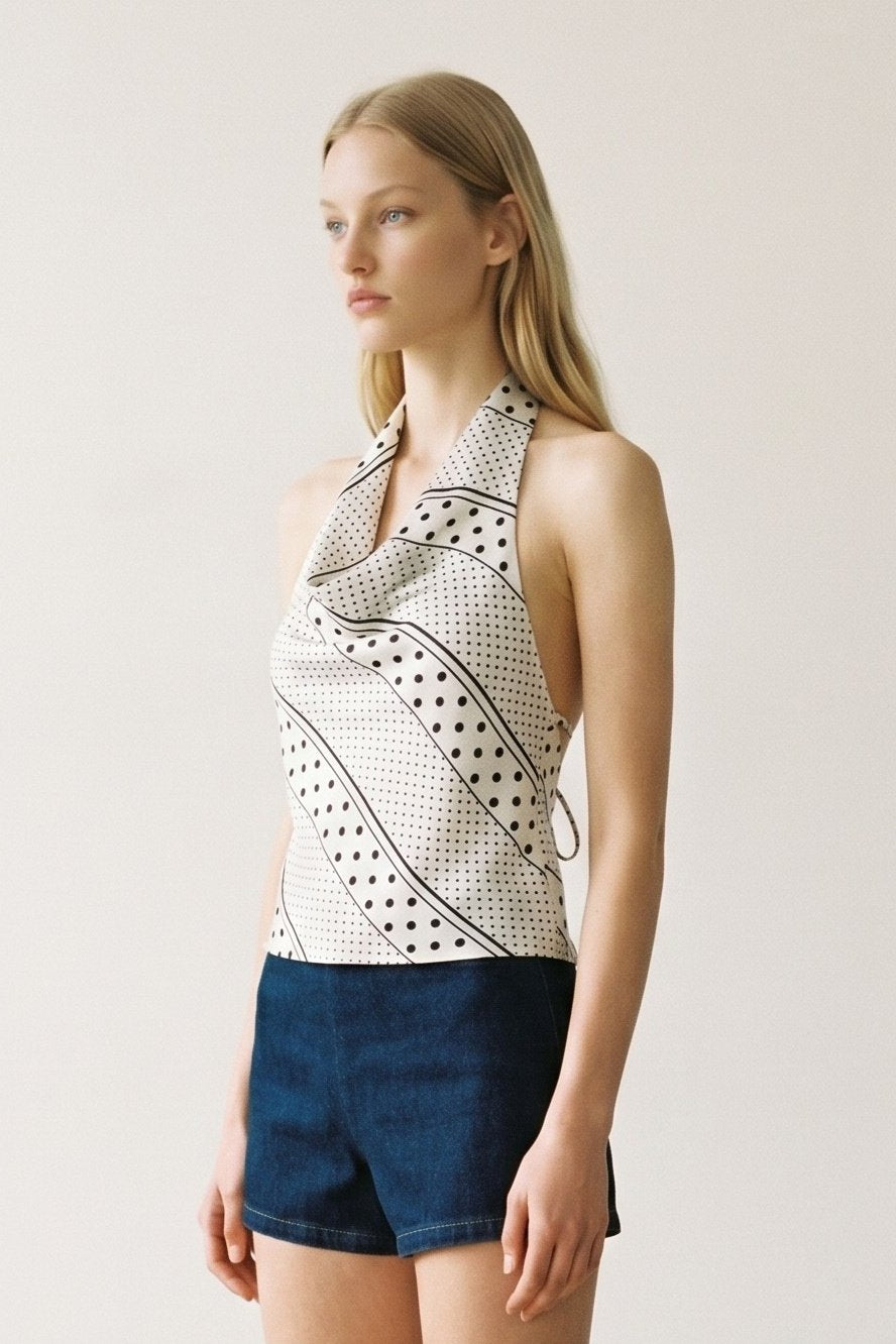 Polka Dot Halter Top with Deep Cowl Neck & Open Back