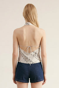 Polka Dot Halter Top with Deep Cowl Neck & Open Back