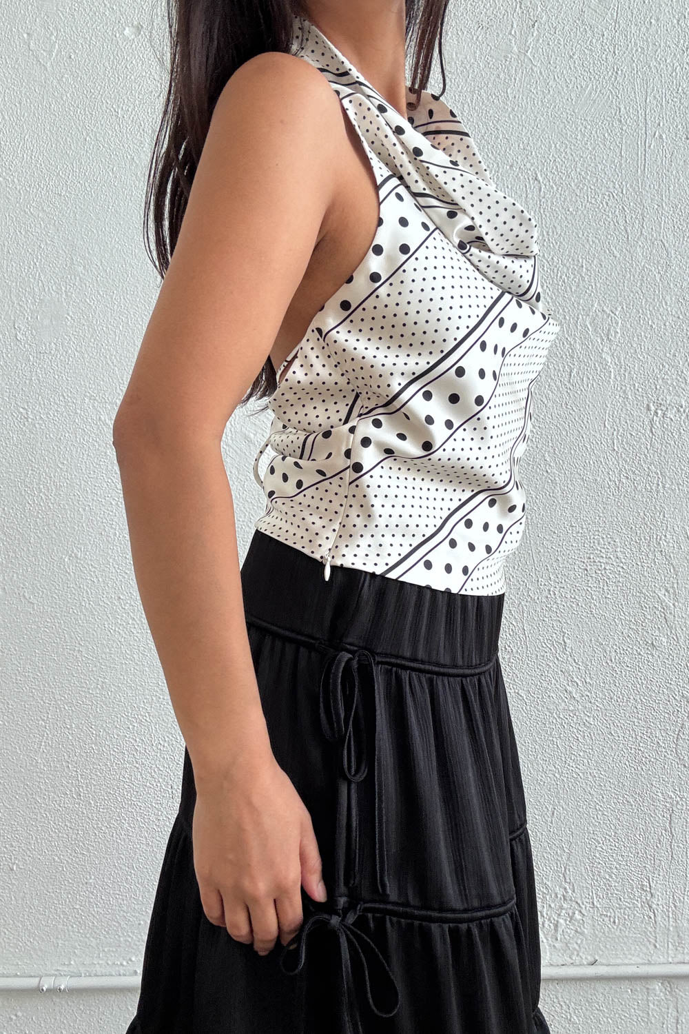 Polka Dot Halter Top with Deep Cowl Neck & Open Back