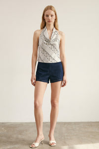 Polka Dot Halter Top with Deep Cowl Neck & Open Back