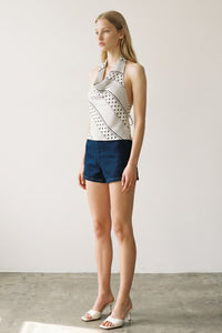 Polka Dot Halter Top with Deep Cowl Neck & Open Back
