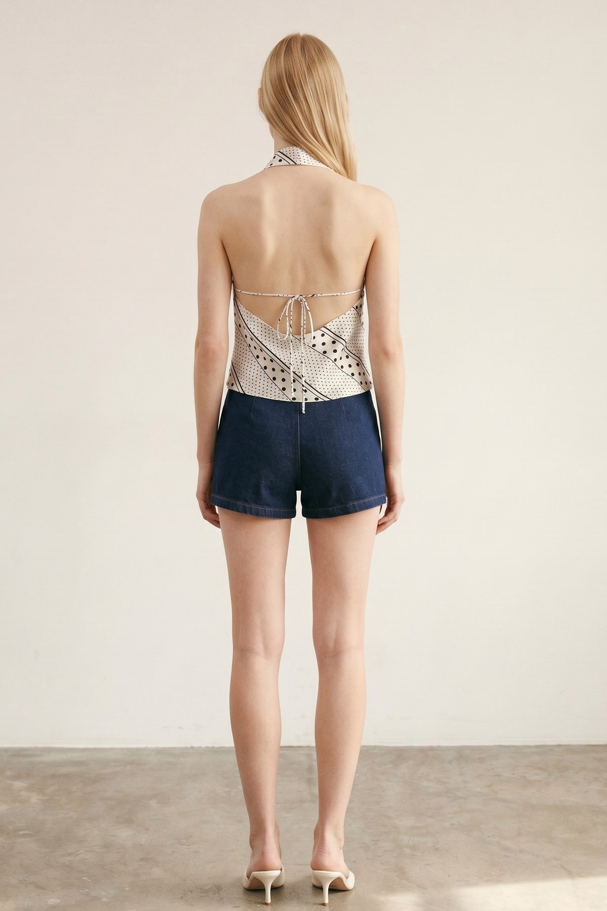 Polka Dot Halter Top with Deep Cowl Neck & Open Back