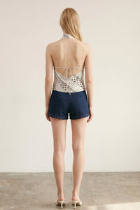 Polka Dot Halter Top with Deep Cowl Neck & Open Back