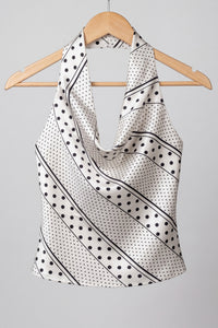 Polka Dot Halter Top with Deep Cowl Neck & Open Back