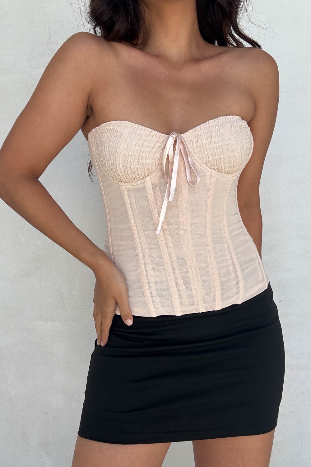 Power Mesh Smocked Bust Corset Top