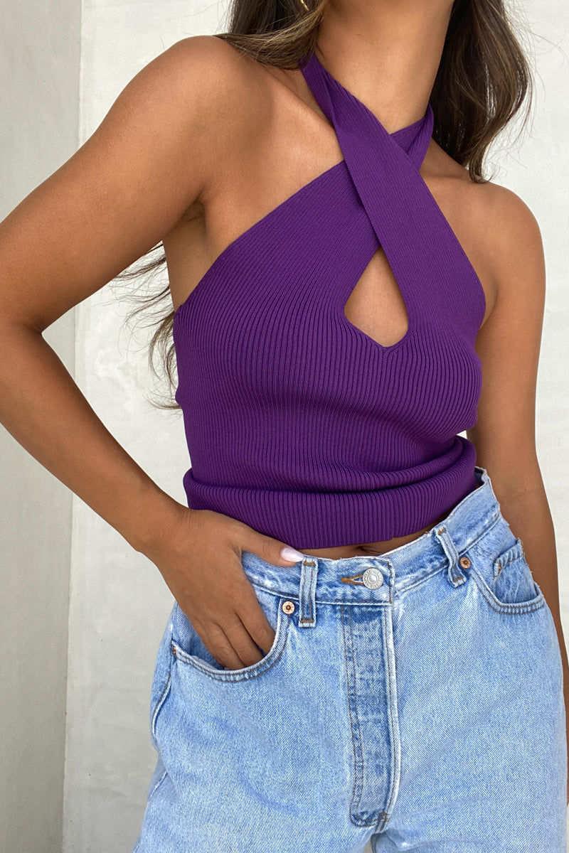 Front Cut-out Criss Cross Detail Halter Top - TheOures