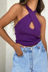 Front Cut-out Criss Cross Detail Halter Top - TheOures