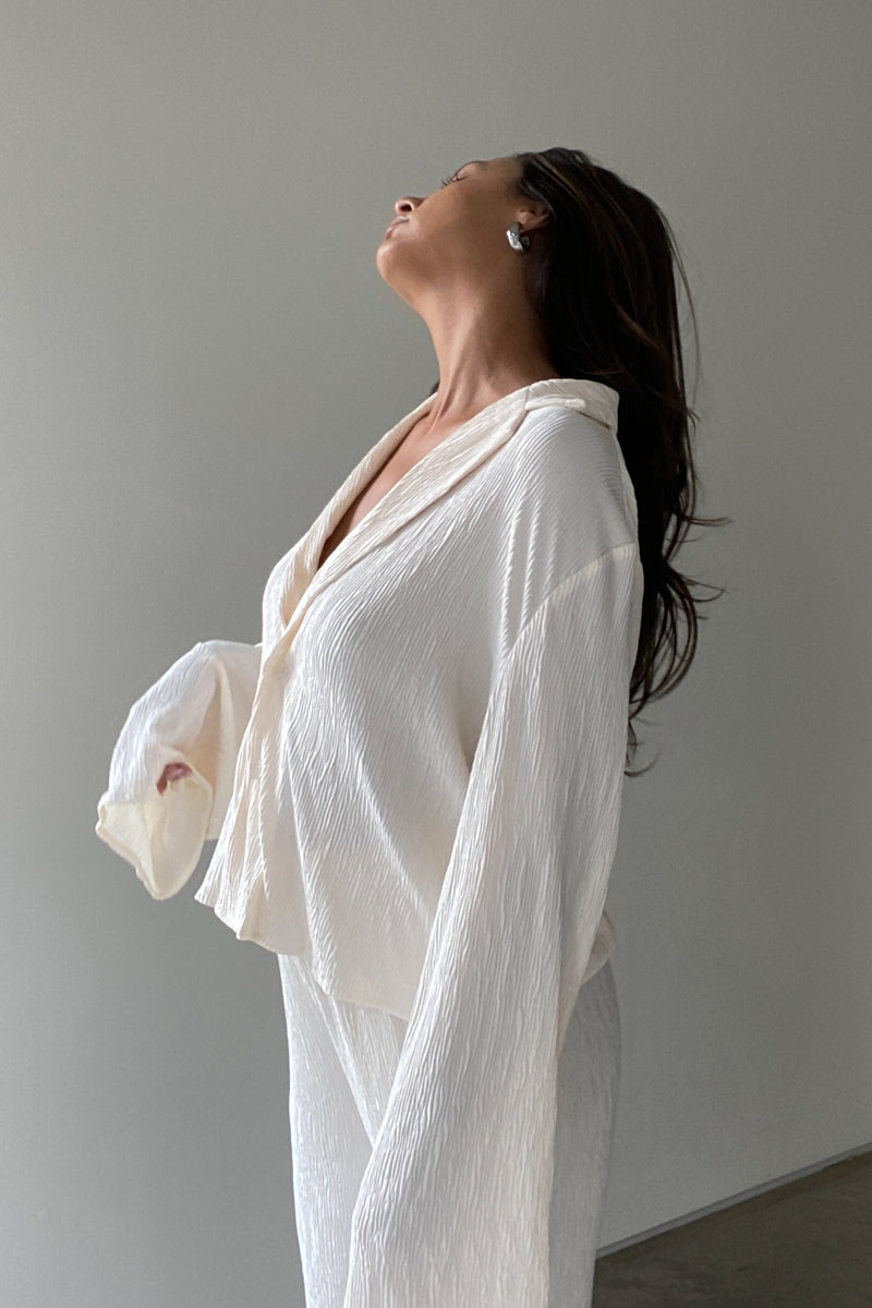 Pleated Satin Shirt Top Pants Set