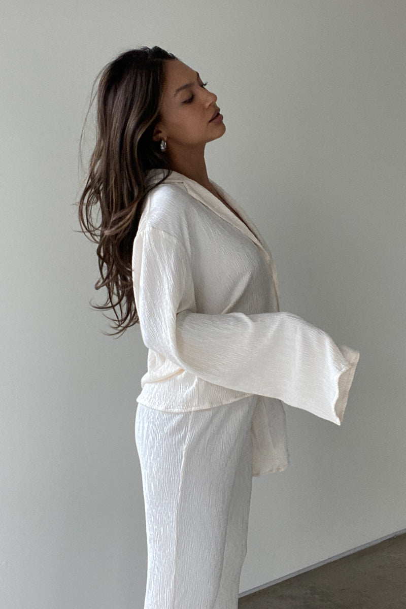 Pleated Satin Shirt Top Pants Set
