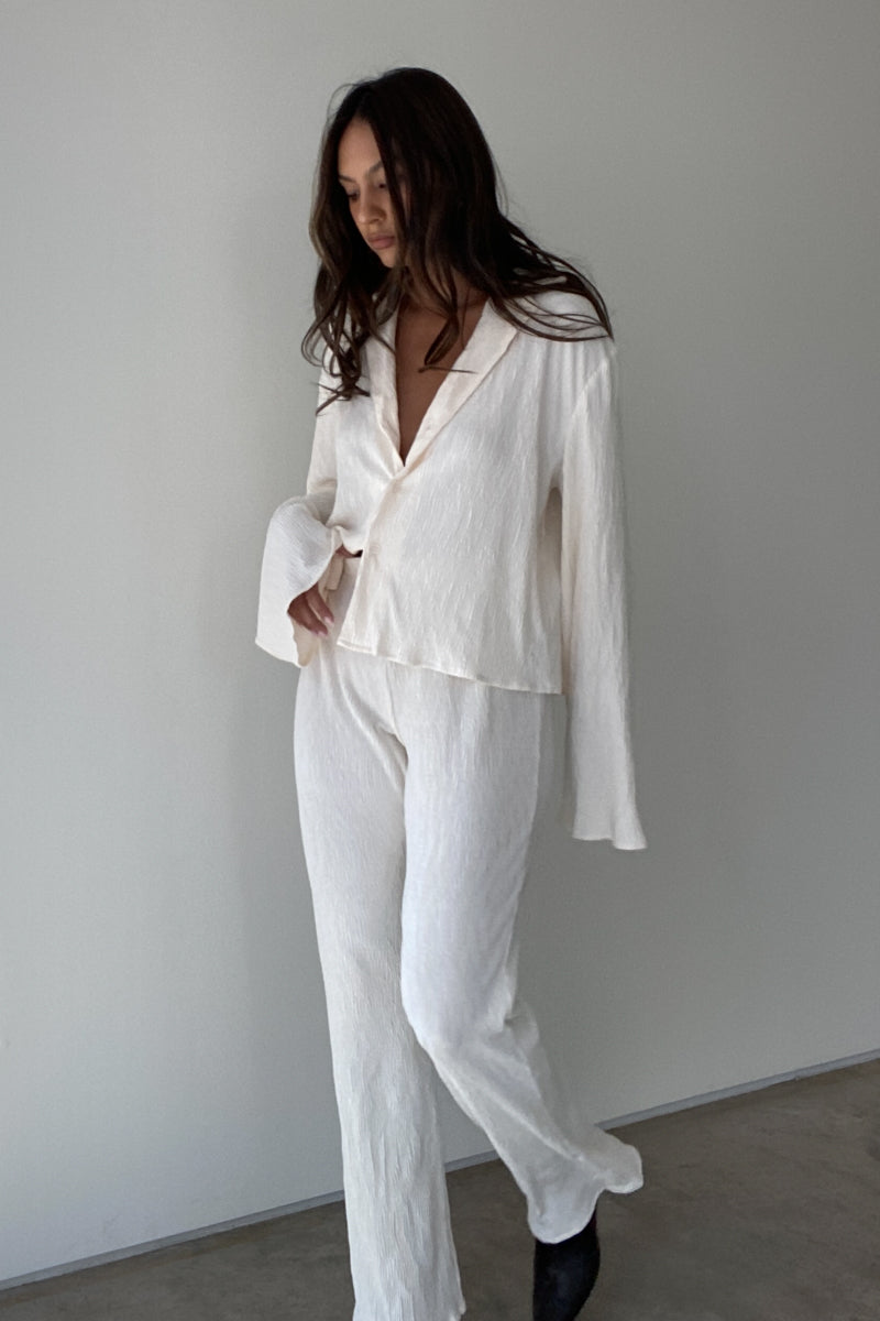 Pleated Satin Shirt Top and Pants Sets