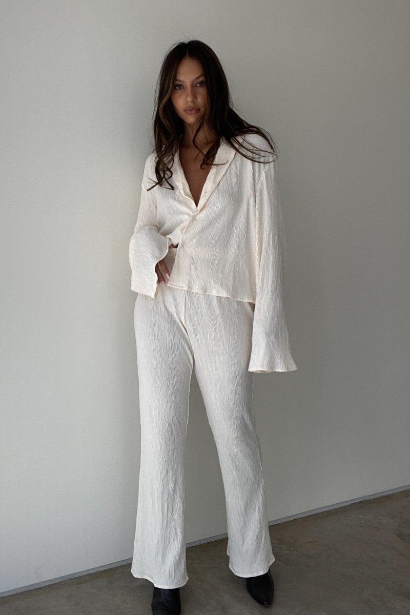 Pleated Satin Shirt Top and Pants Sets