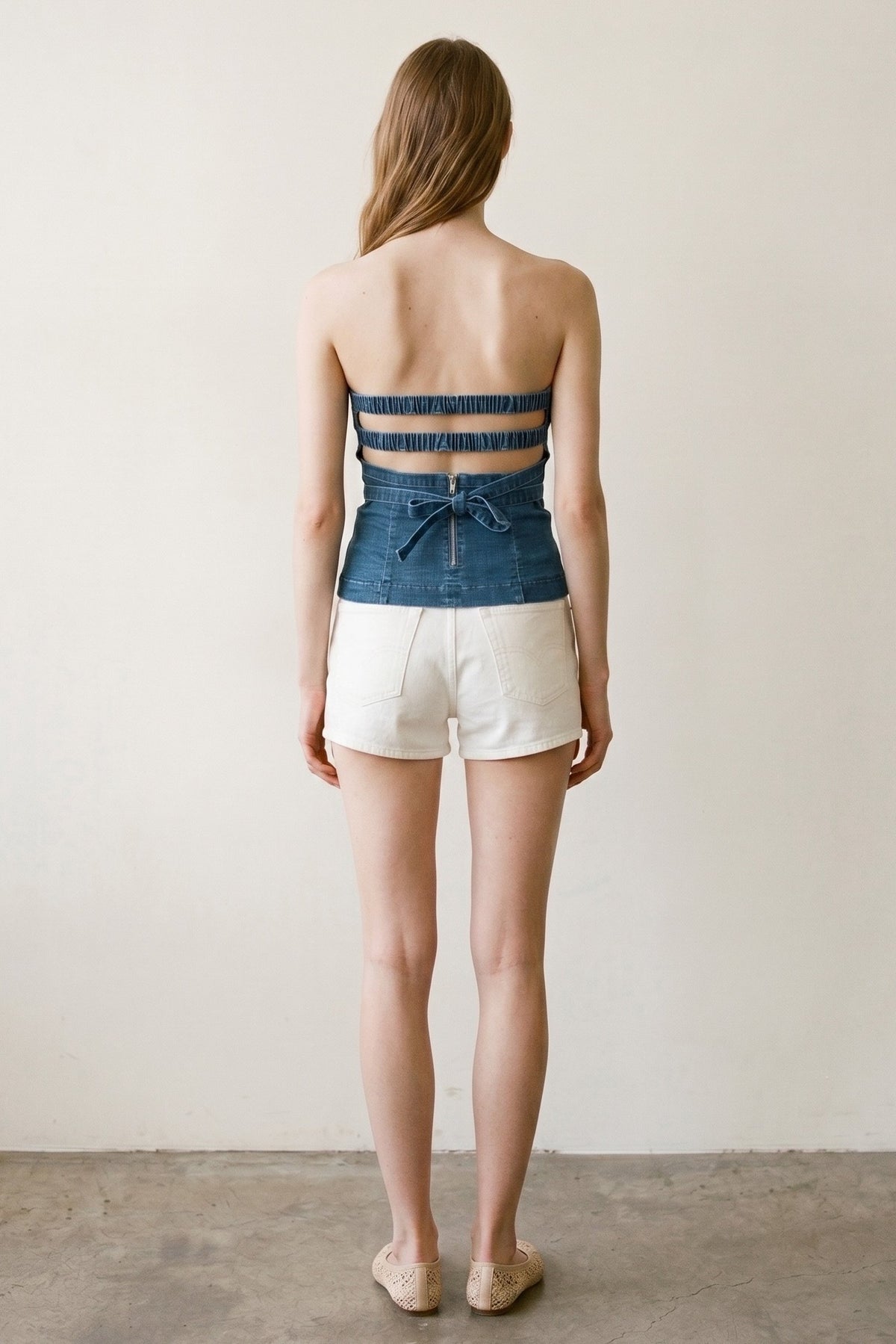 Strapless Lace-Up Back Denim Top
