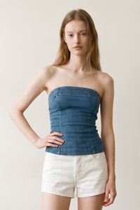 Strapless Lace-Up Back Denim Top
